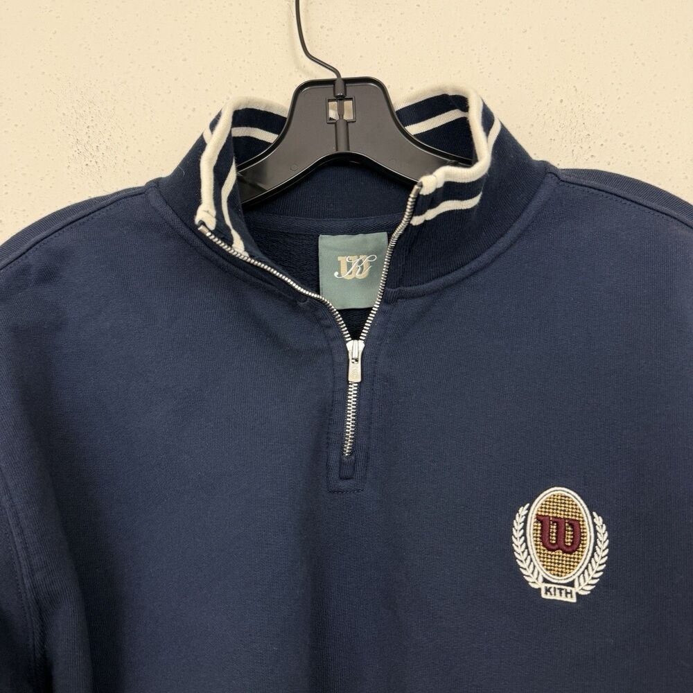 Kith x Wilson Cropped Sweatshirt Quarter Zip Pullover Womens Sz Medium Navy Blue - Picture 5 of 14